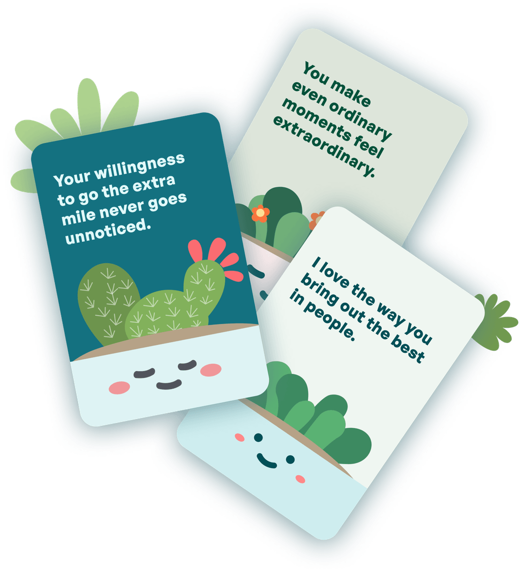 A spread of illustrated compliment cards with cactus characters