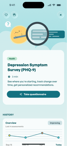 Flourish screen showing the Depression Symptom Survey (PHQ-9) with a history chart of past assessments