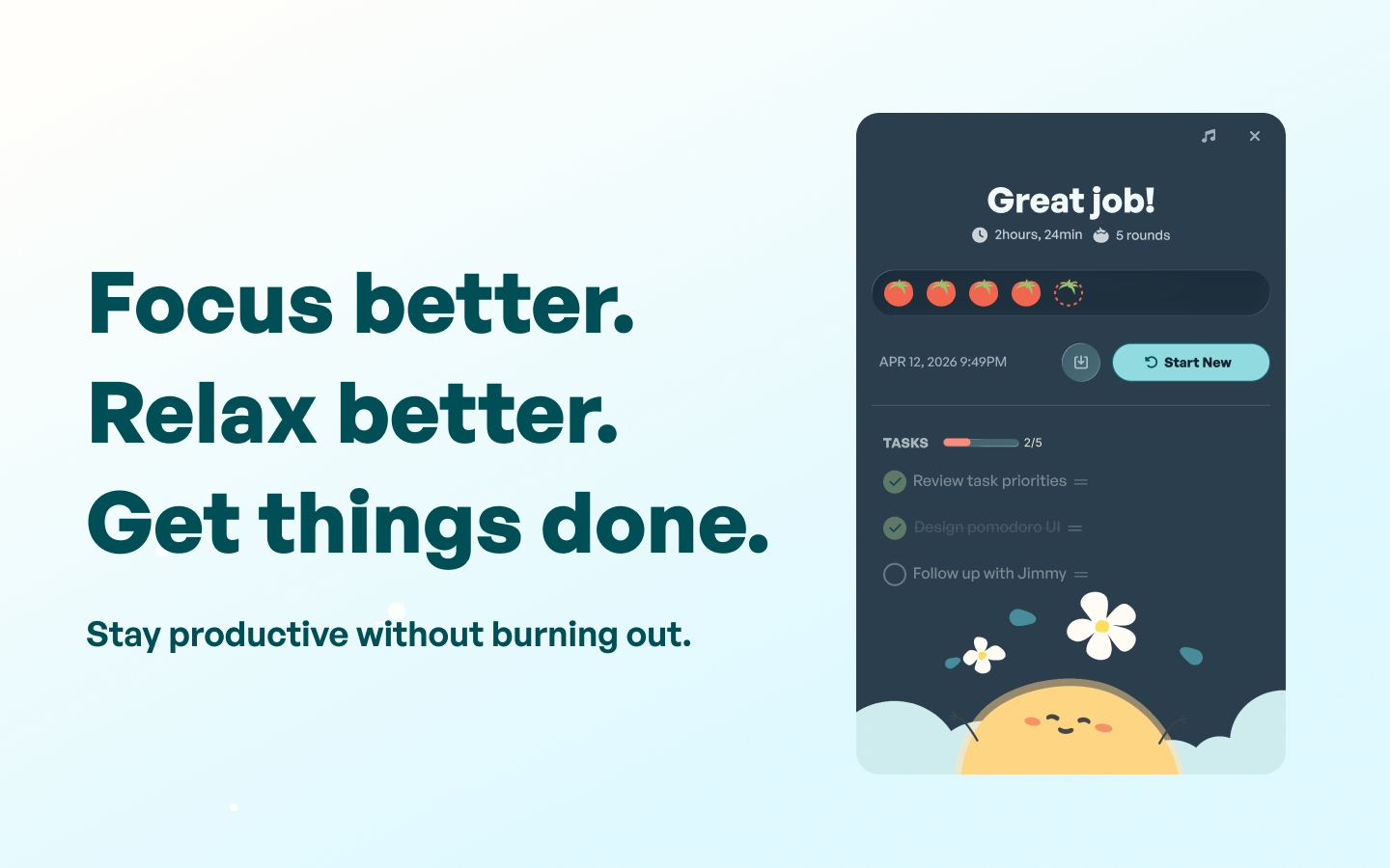 Sunnie Focus Timer app showing completed pomodoro rounds and a task list